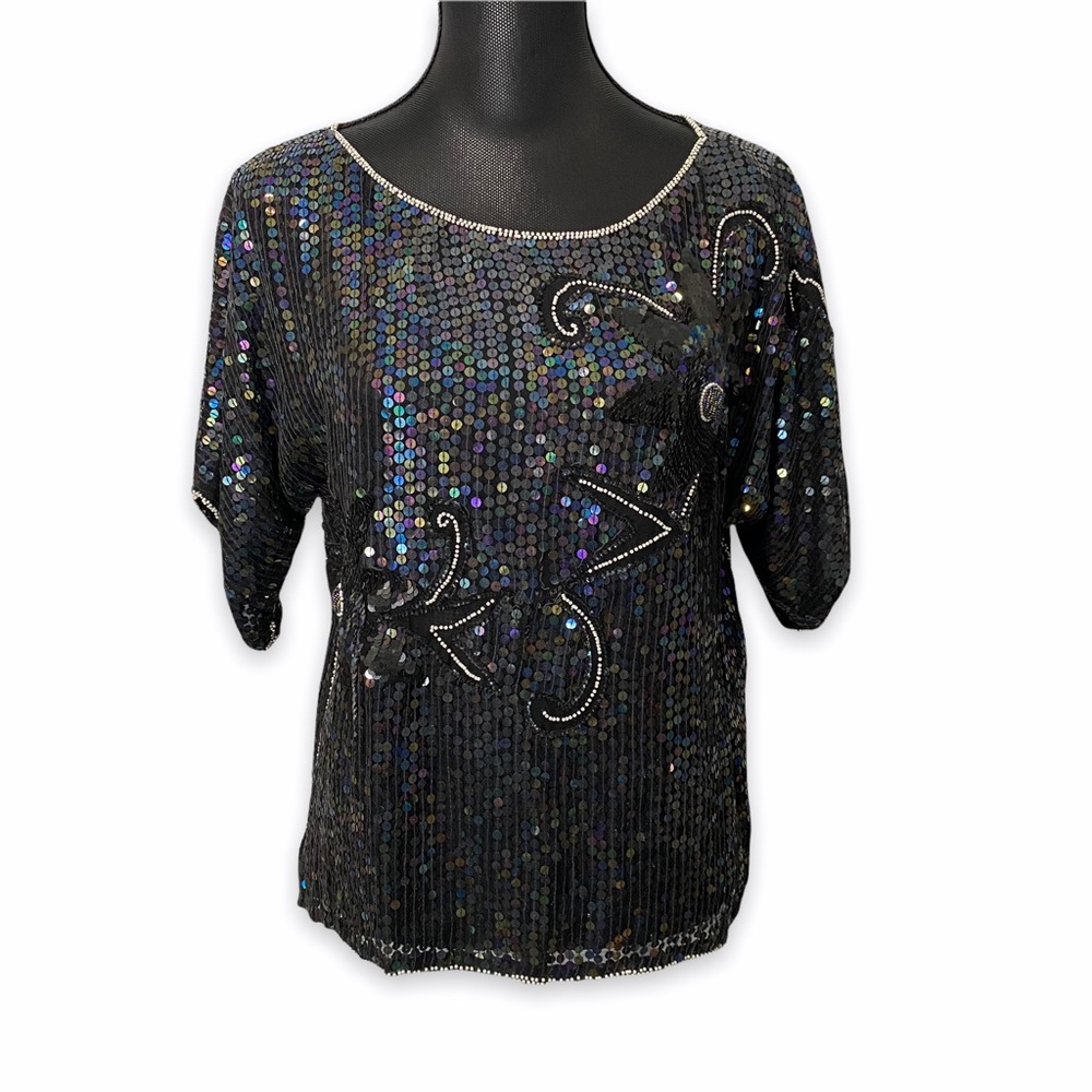 Vintage Sequined Top Womens Size Large Black Irridescent